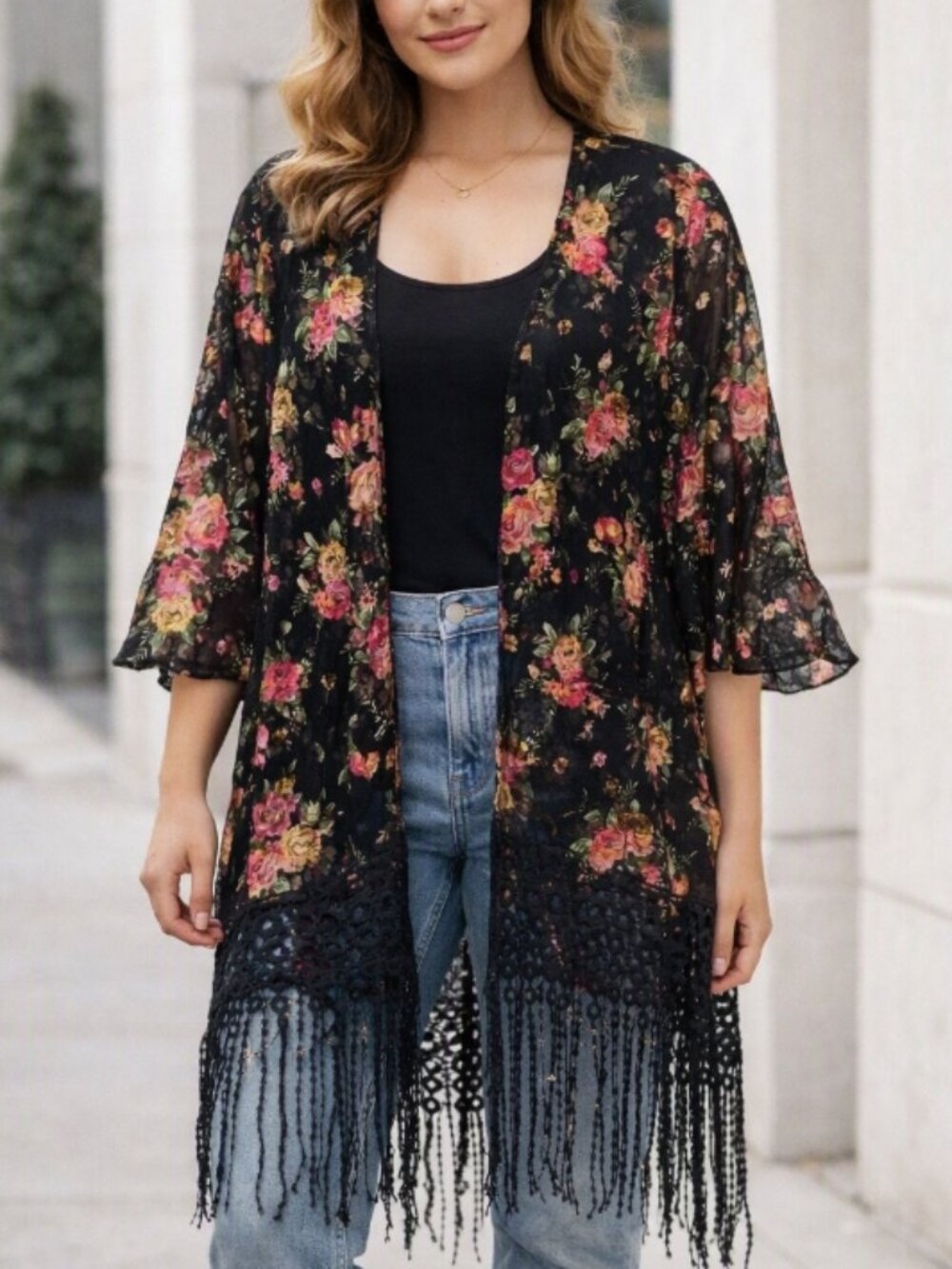 Sweet Rain Sheer Floral Fringed Kimono M Cottagecore Whimsigoth Boho Layering